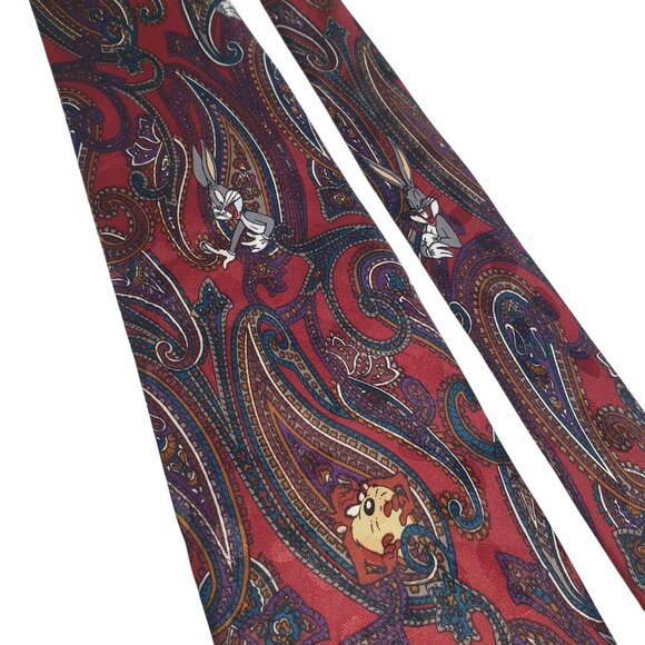 Looney Tunes Mania Bugs Bunny Tasmanian Devil Paisley Necktie Red Purple Vintage - Picture 2 of 5